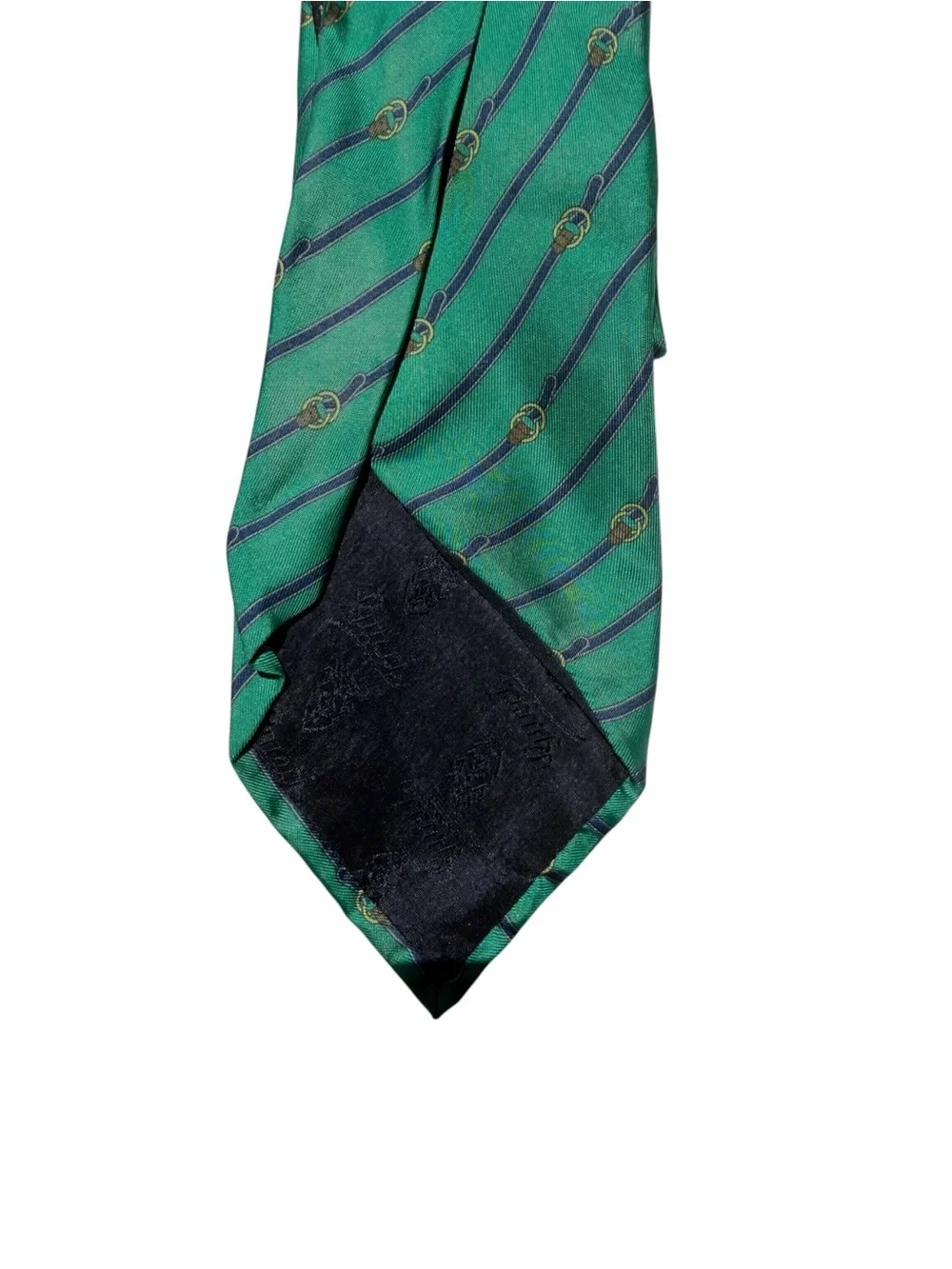 Gucci Green Tie with Navy Diagonal Stripes and Gold Motifs vintage repurpose